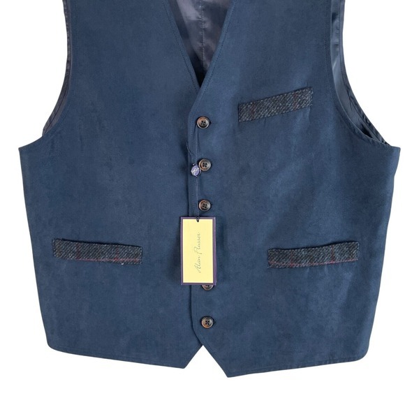 NEW Alan Flusser‎ Mens Button Up Suit Vest Large Navy Blue Polyester Plaid Trim - Picture 1 of 7